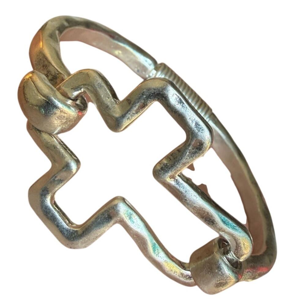 Hammered Silver Tone Cross Bangle Bracelet Hinged Cuff  8”